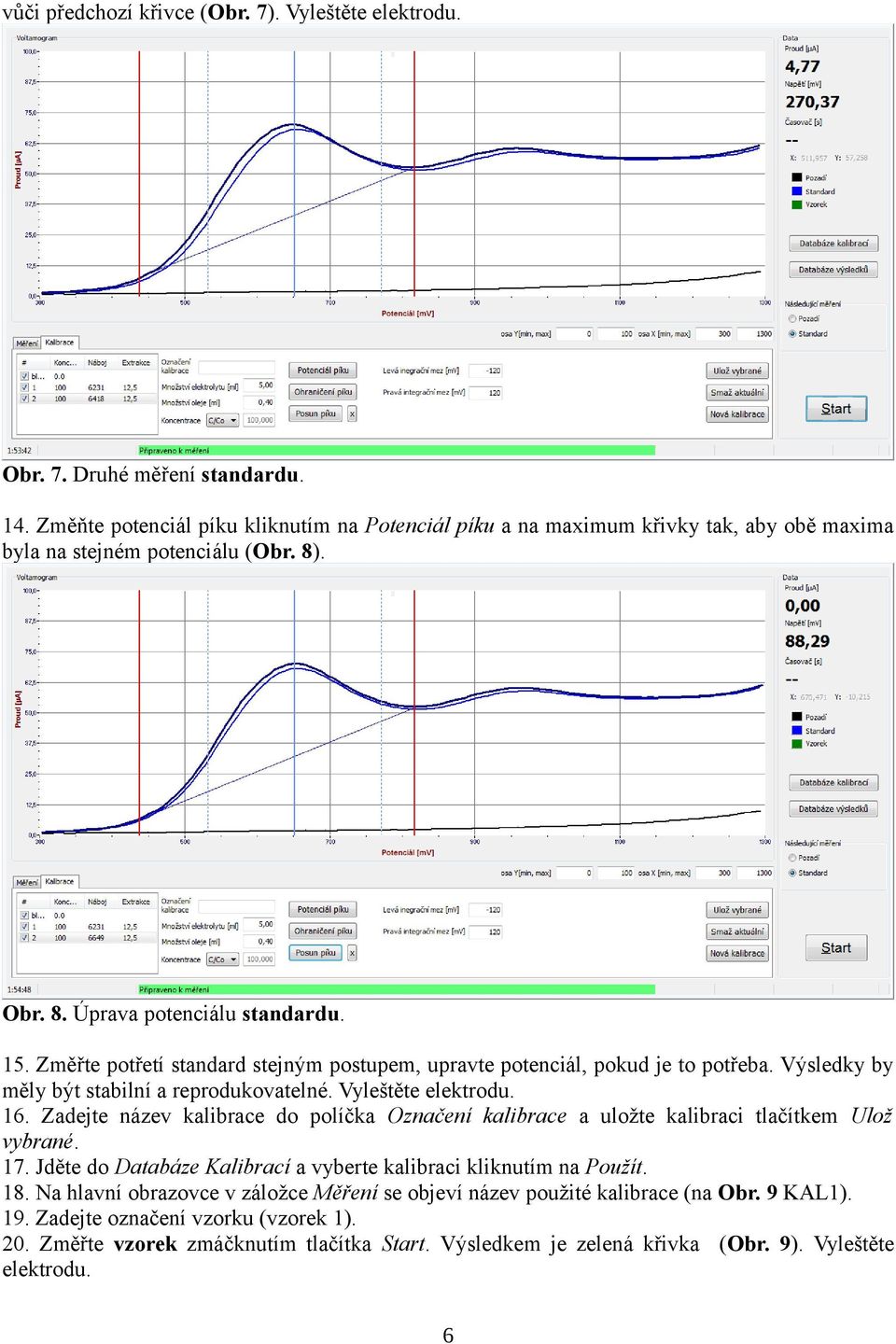 Změřte potřetí standard stejným postupem, upravte potenciál, pokud je to potřeba. Výsledky by měly být stabilní a reprodukovatelné. Vyleštěte elektrodu. 16.