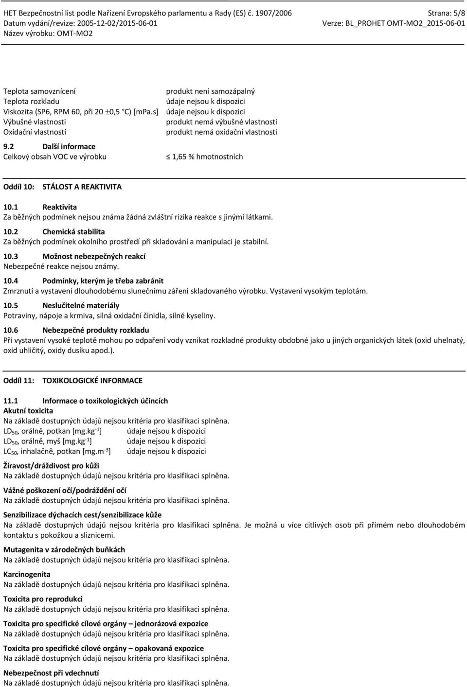2 Další informace Celkový obsah VOC ve výrobku produkt není samozápalný produkt nemá výbušné vlastnosti produkt nemá oxidační vlastnosti 1,65 % hmotnostních Oddíl 10: STÁLOST A REAKTIVITA 10.