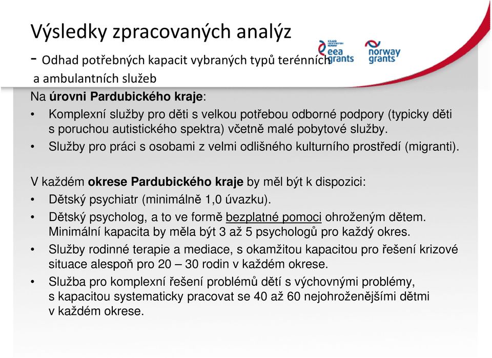 V každém okrese Pardubického kraje by měl být k dispozici: Dětský psychiatr (minimálně 1,0 úvazku). Dětský psycholog, a to ve formě bezplatné pomoci ohroženým dětem.