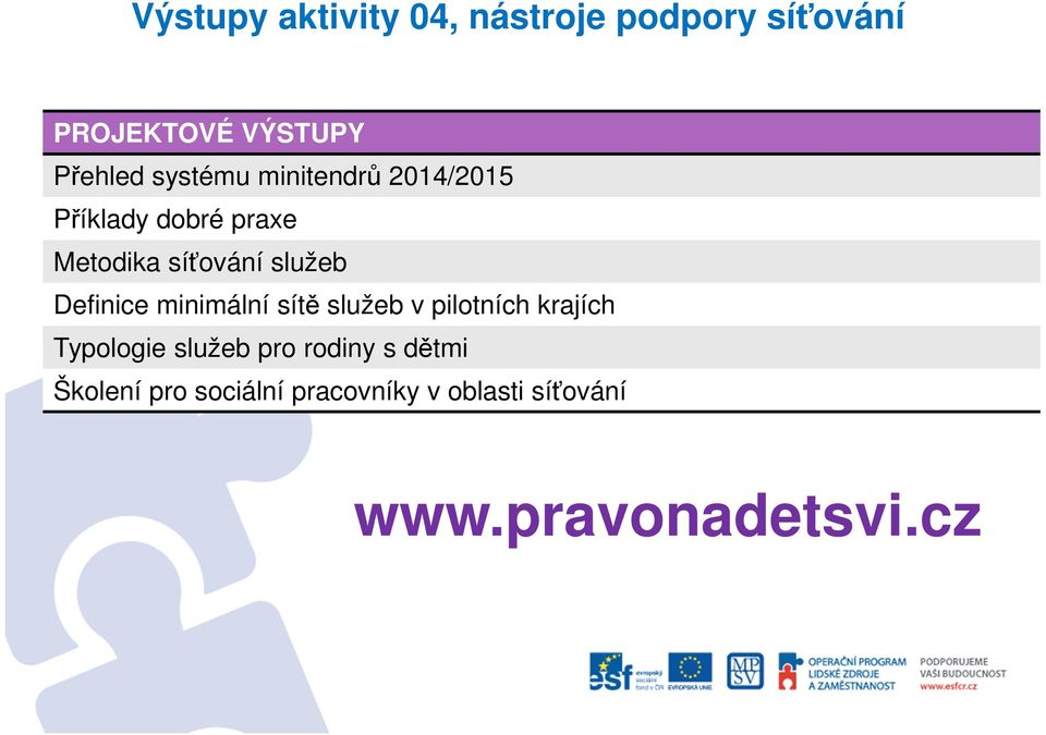 Definice minimální sítě služeb v pilotních krajích Typologie služeb pro