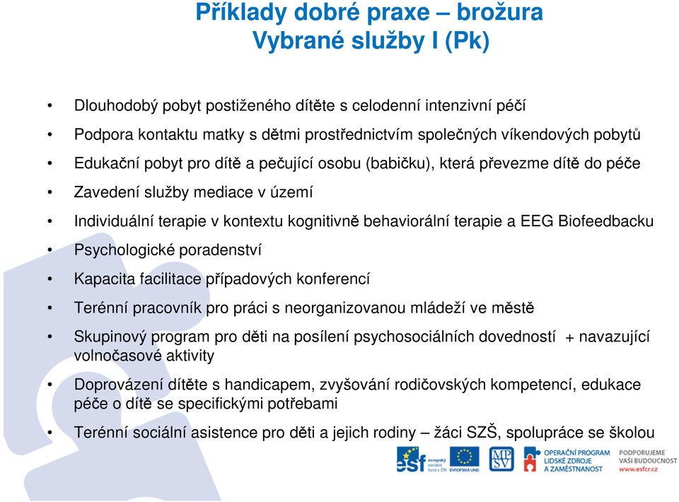 Psychologické poradenství Kapacita facilitace případových konferencí Terénní pracovník pro práci s neorganizovanou mládeží ve městě Skupinový program pro děti na posílení psychosociálních dovedností