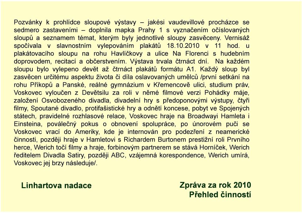 Výstava trvala čtrnáct dní. Na každém sloupu bylo vylepeno devět až čtrnáct plakátů formátu A1.