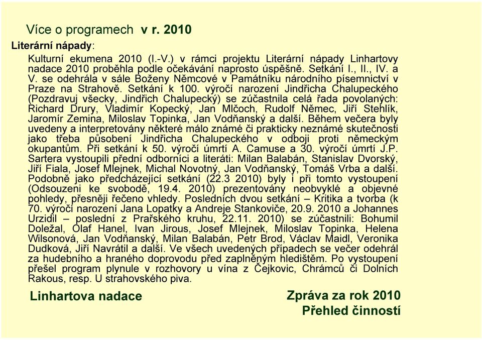 výročí narození Jindřicha Chalupeckého (Pozdravuj všecky, Jindřich Chalupecký) se zúčastnila celá řada povolaných: Richard Drury, Vladimír Kopecký, Jan Mlčoch, Rudolf Němec, Jiří Stehlík, Jaromír