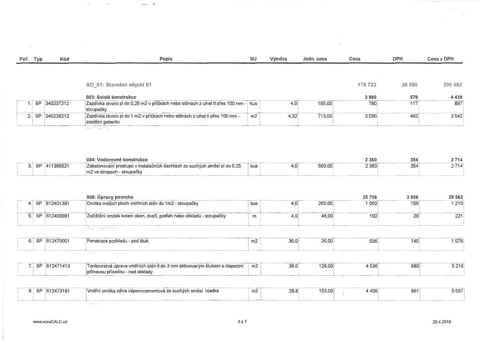 195, 78 117 897' stoupačky Zazdívka otvoru pl do 1 2 v příčkách nebo stěnách z cihel ti přes 1-2 4,32 713, 3 8 462 3 542! zazděni geberitu 4: Vodorovné konstrukce 2 36 354 2 714 3.