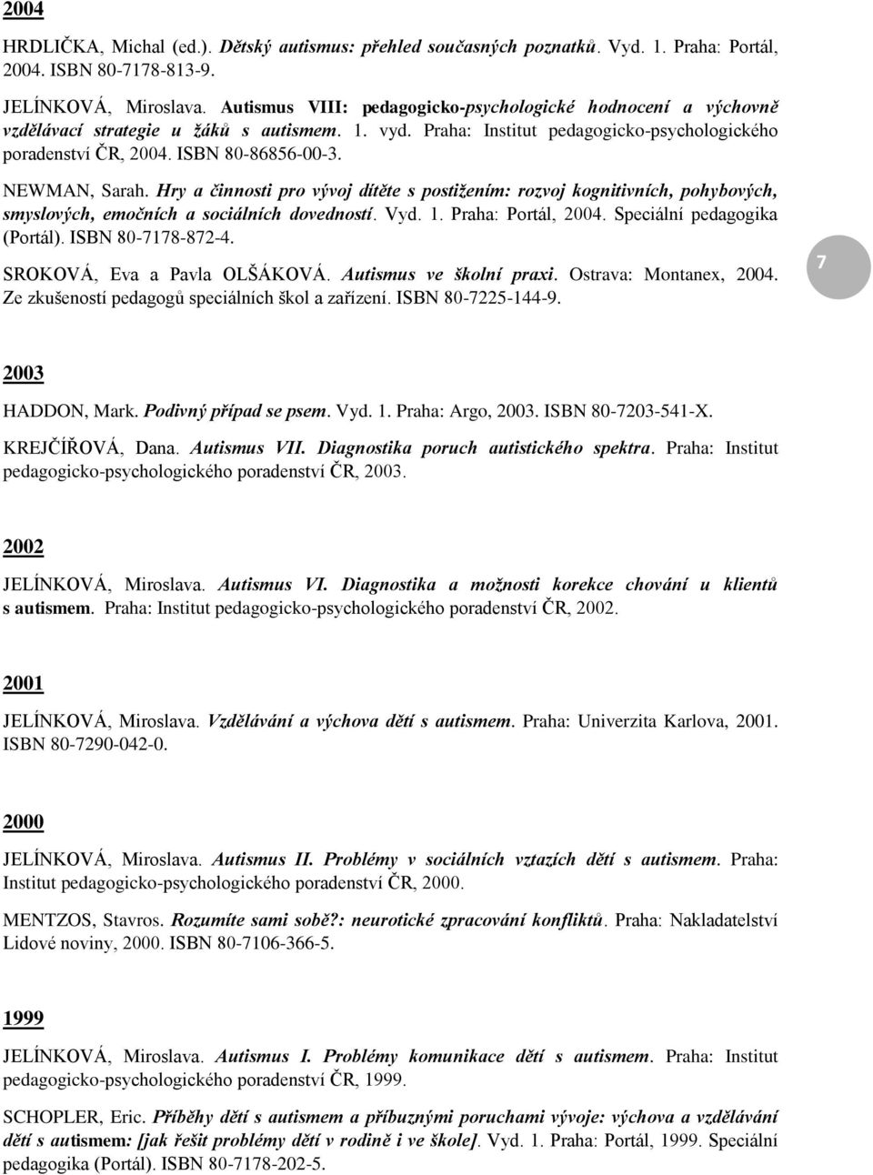 NEWMAN, Sarah. Hry a činnosti pro vývoj dítěte s postižením: rozvoj kognitivních, pohybových, smyslových, emočních a sociálních dovedností. Vyd. 1. Praha: Portál, 2004. Speciální pedagogika (Portál).