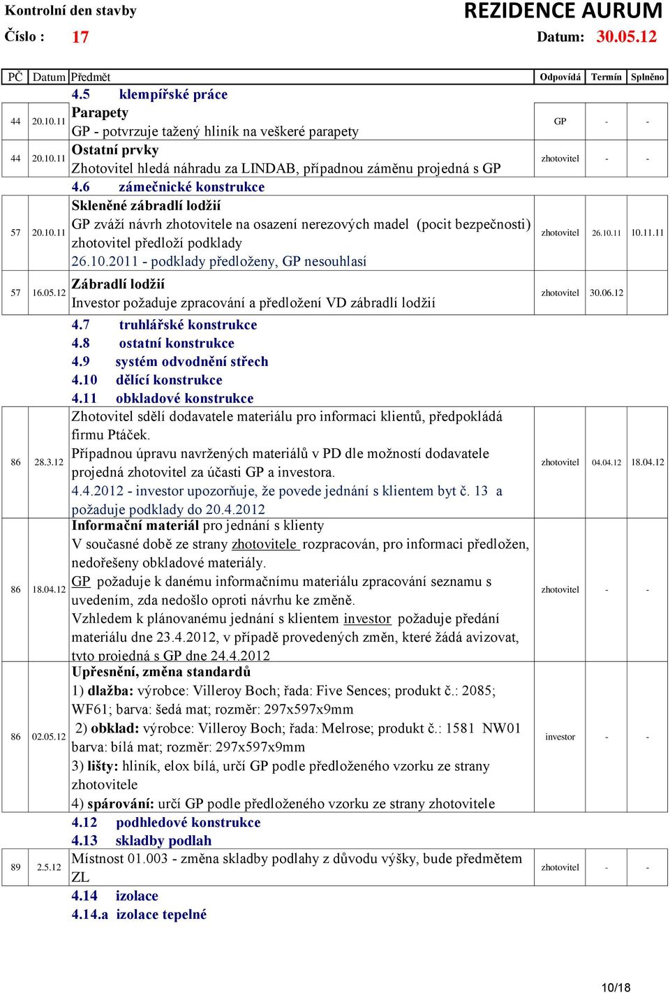 05.12 86 28.3.12 86 18.04.12 86 02.05.12 89 2.5.12 Zábradlí lodžií Investor požaduje zpracování a předložení VD zábradlí lodžií 4.7 truhlářské konstrukce 4.8 ostatní konstrukce 4.