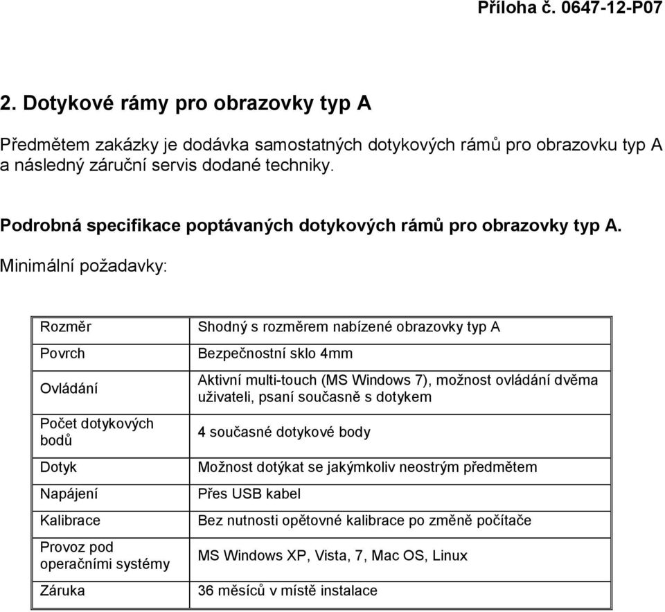 Rozměr Povrch Ovládání Počet dotykových bodů Dotyk Napájení Kalibrace Provoz pod operačními systémy Shodný s rozměrem nabízené obrazovky typ A Bezpečnostní sklo 4mm