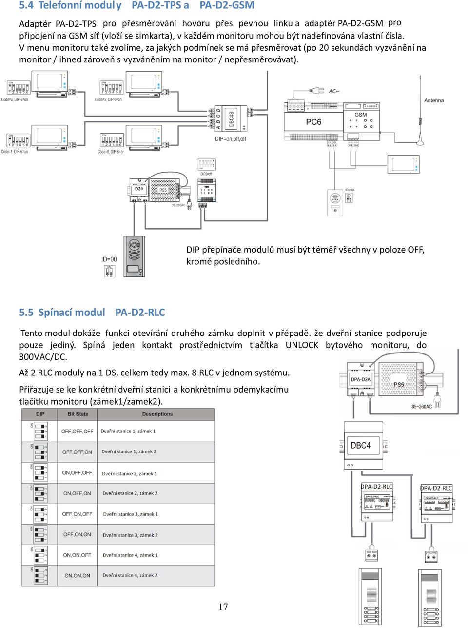 DIP přepínače modulů musí být téměř všechny v poloze OFF, kromě posledního. 5.5 Spínací modul PA-D2-RLC Tento modul dokáže funkci otevírání druhého zámku doplnit v přépadě.