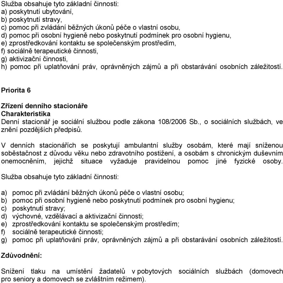 obstarávání osobních záležitostí. Priorita 6 Zřízení denního stacionáře Denní stacionář je sociální službou podle zákona 108/2006 Sb., o sociálních službách, ve znění pozdějších předpisů.