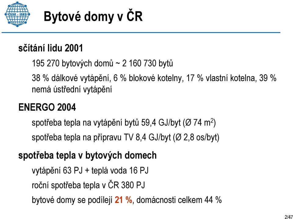 GJ/byt (Ø 74 m 2 ) spotřeba tepla na přípravu TV 8,4 GJ/byt (Ø 2,8 os/byt) spotřeba tepla v bytových domech