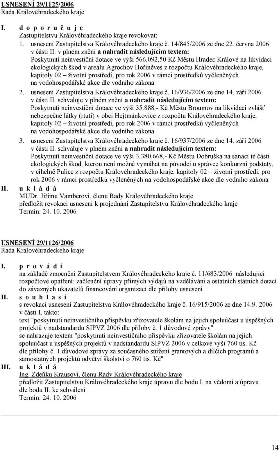 092,50 Kč Městu Hradec Králové na likvidaci ekologických škod v areálu Agrochov Hořiněves z rozpočtu Královéhradeckého kraje, kapitoly 02 životní prostředí, pro rok 2006 v rámci prostředků