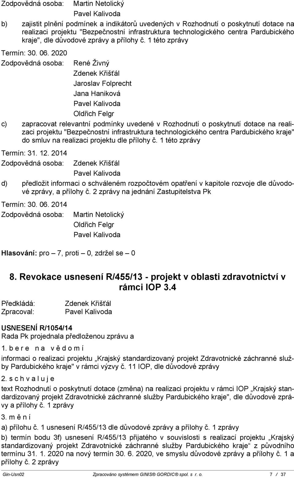 2020 René Živný Zdenek Křišťál Jaroslav Folprecht Oldřich Felgr c) zapracovat relevantní podmínky uvedené v Rozhodnutí o poskytnutí dotace na realizaci projektu "Bezpečnostní infrastruktura