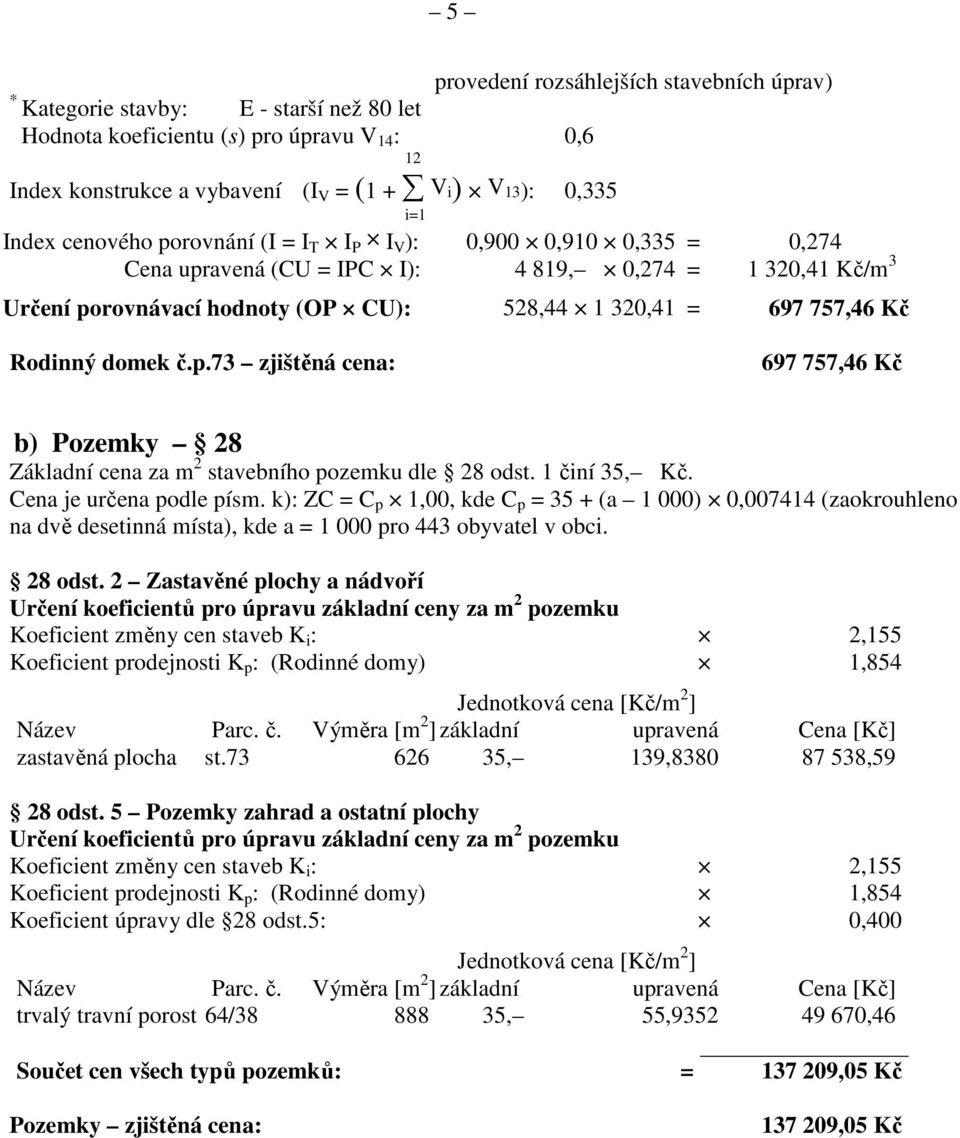 Rodinný domek č.p.73 zjištěná cena: 697 757,46 Kč b) Pozemky 28 Základní cena za m 2 stavebního pozemku dle 28 odst. 1 činí 35, Kč. Cena je určena podle písm.