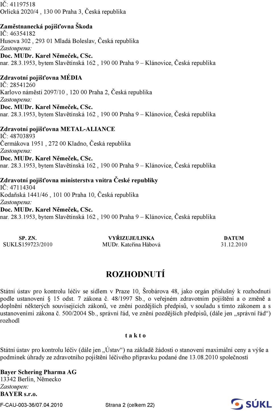 republiky IČ: 47114304 Kodaňská 1441/46, 101 00 Praha 10, Česká republika SP. ZN. VYŘIZUJE/LINKA DATUM SUKLS159723/2010 MUDr. Kateřina Hábová 31.12.