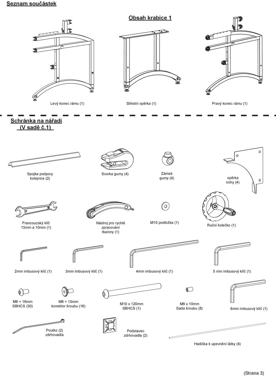 pro rychlé zpracování tkaniny (1) 2mm imbusový klíč (1) M8 16mm SBHCS (30) Zámek gumy (4) Svorka gumy (4) Spojka podpory kolejnice (2) Ruční kolečko