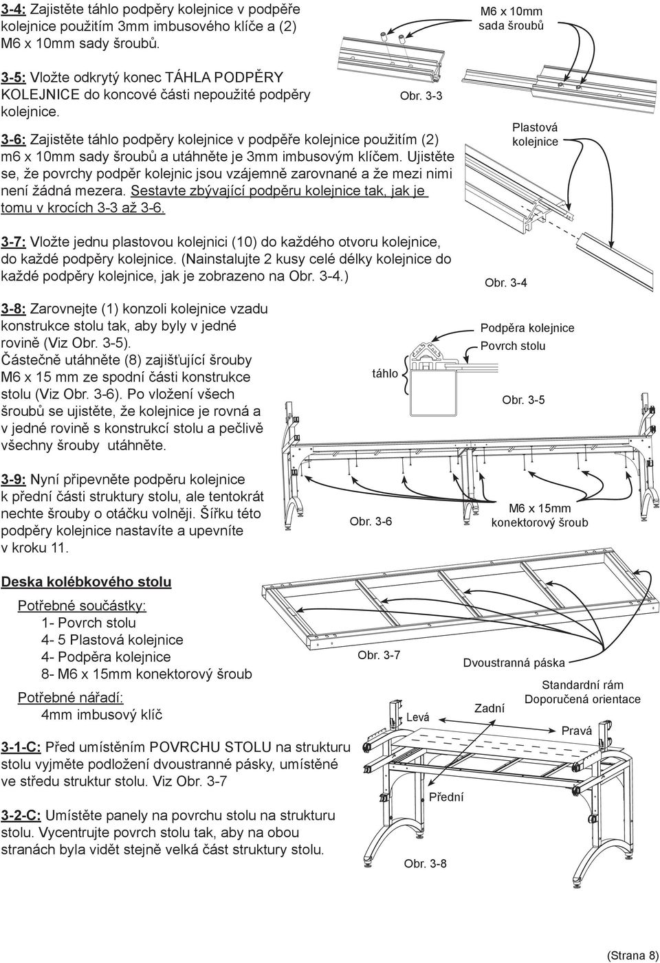 3-3 3-6: Zajistěte táhlo podpěry kolejnice v podpěře kolejnice použitím (2) m6 x 10mm sady šroubů a utáhněte je 3mm imbusovým klíčem.