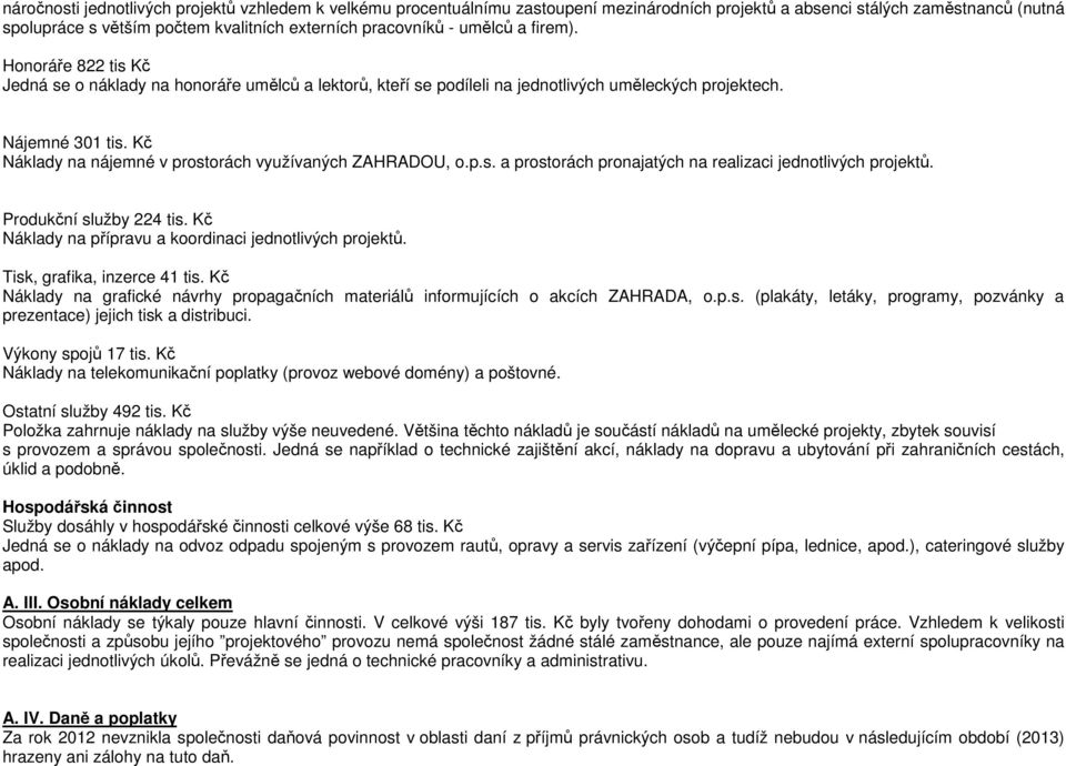 Kč Náklady na nájemné v prostorách využívaných ZAHRADOU, o.p.s. a prostorách pronajatých na realizaci jednotlivých projektů. Produkční služby 224 tis.