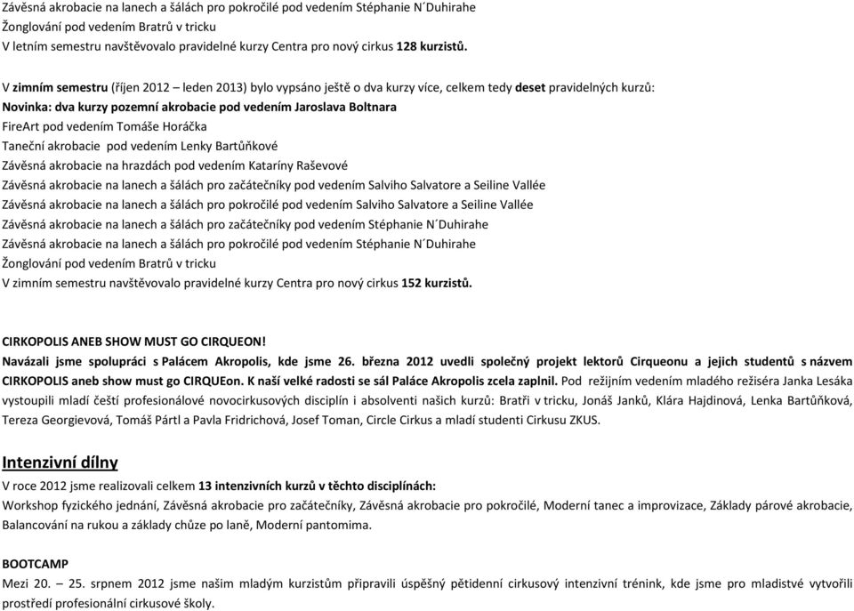 V zimním semestru (říjen 2012 leden 2013) bylo vypsáno ještě o dva kurzy více, celkem tedy deset pravidelných kurzů: Novinka: dva kurzy pozemní akrobacie pod vedením Jaroslava Boltnara FireArt pod