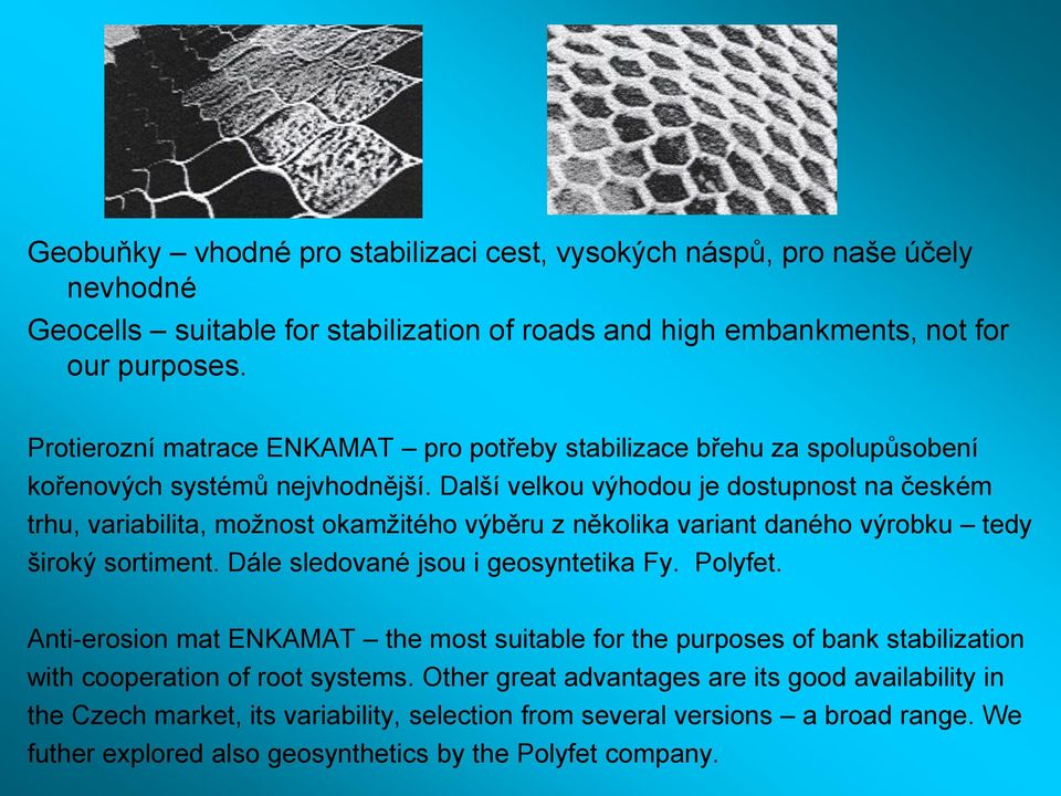 Další velkou výhodou je dostupnost na českém trhu, variabilita, možnost okamžitého výběru z několika variant daného výrobku tedy široký sortiment. Dále sledované jsou i geosyntetika Fy. Polyfet.