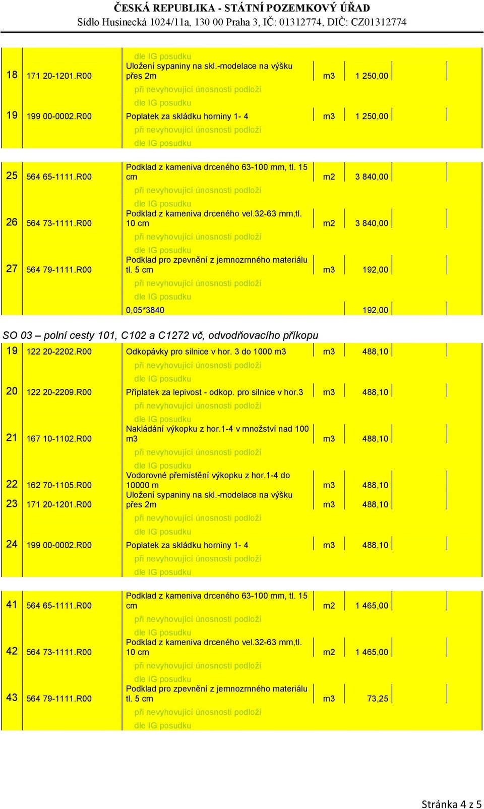 5 cm m3 192,00 0,05*3840 192,00 SO 03 polní cesty 101, C102 a C1272 vč, odvodňovacího příkopu 19 122 20-2202.R00 Odkopávky pro silnice v hor. 3 do 1000 m3 m3 488,10 20 122 20-2209.