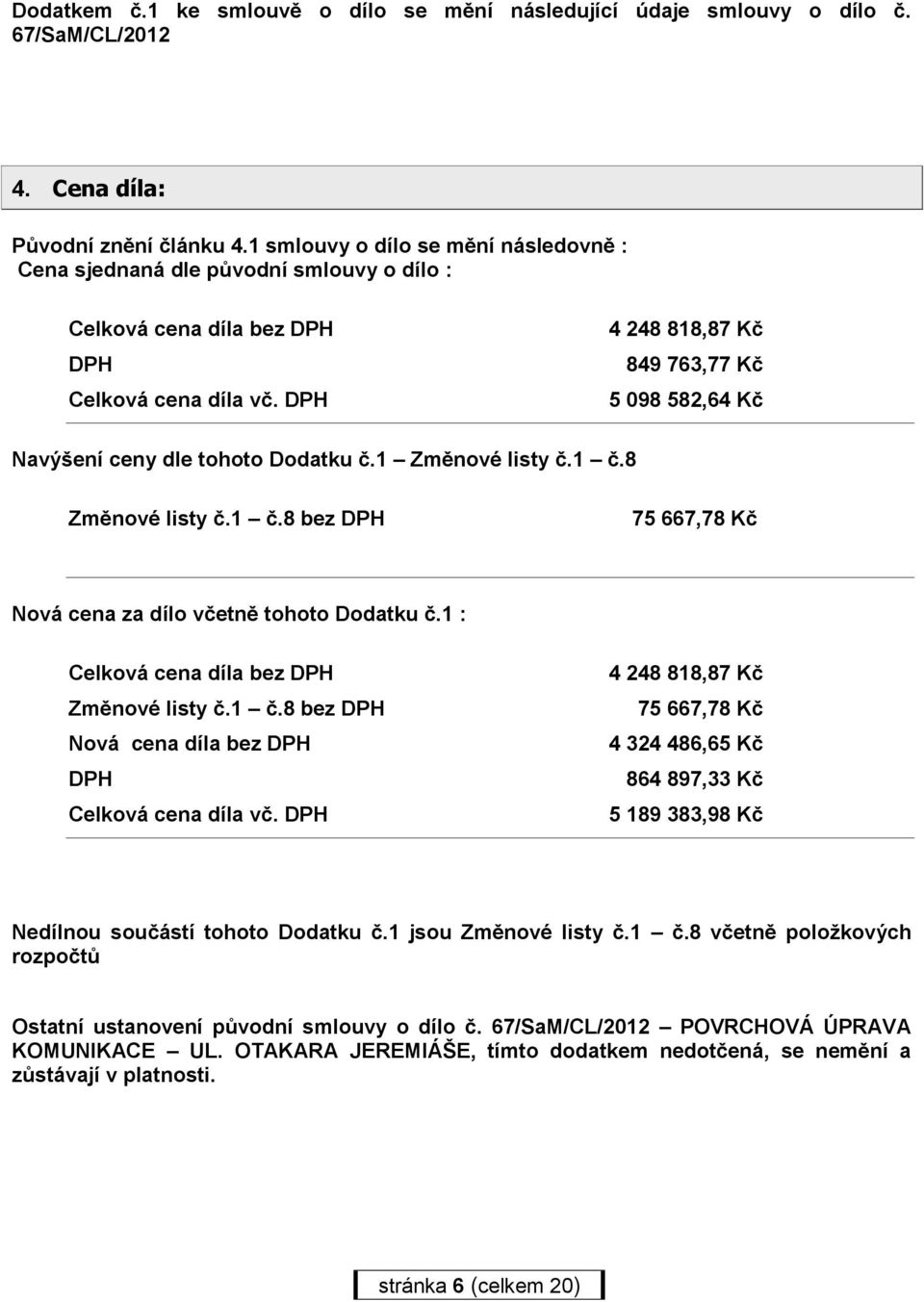 DPH 4 248 818,87 Kč 849 763,77 Kč 5 098 582,64 Kč Navýšení ceny dle tohoto Dodatku č.1 Změnové listy č.1 č.8 Změnové listy č.1 č.8 bez DPH 75 667,78 Kč Nová cena za dílo včetně tohoto Dodatku č.