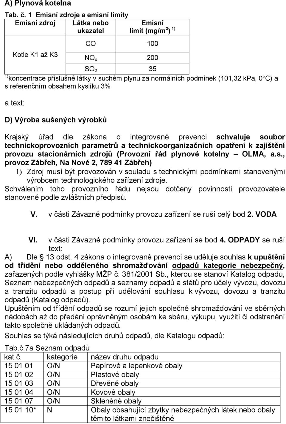 (101,32 kpa, 0 C) a s referenčním obsahem kyslíku 3% a D) Výroba sušených výrobků Krajský úřad dle zákona o integrované prevenci schvaluje soubor technickoprovozních parametrů a