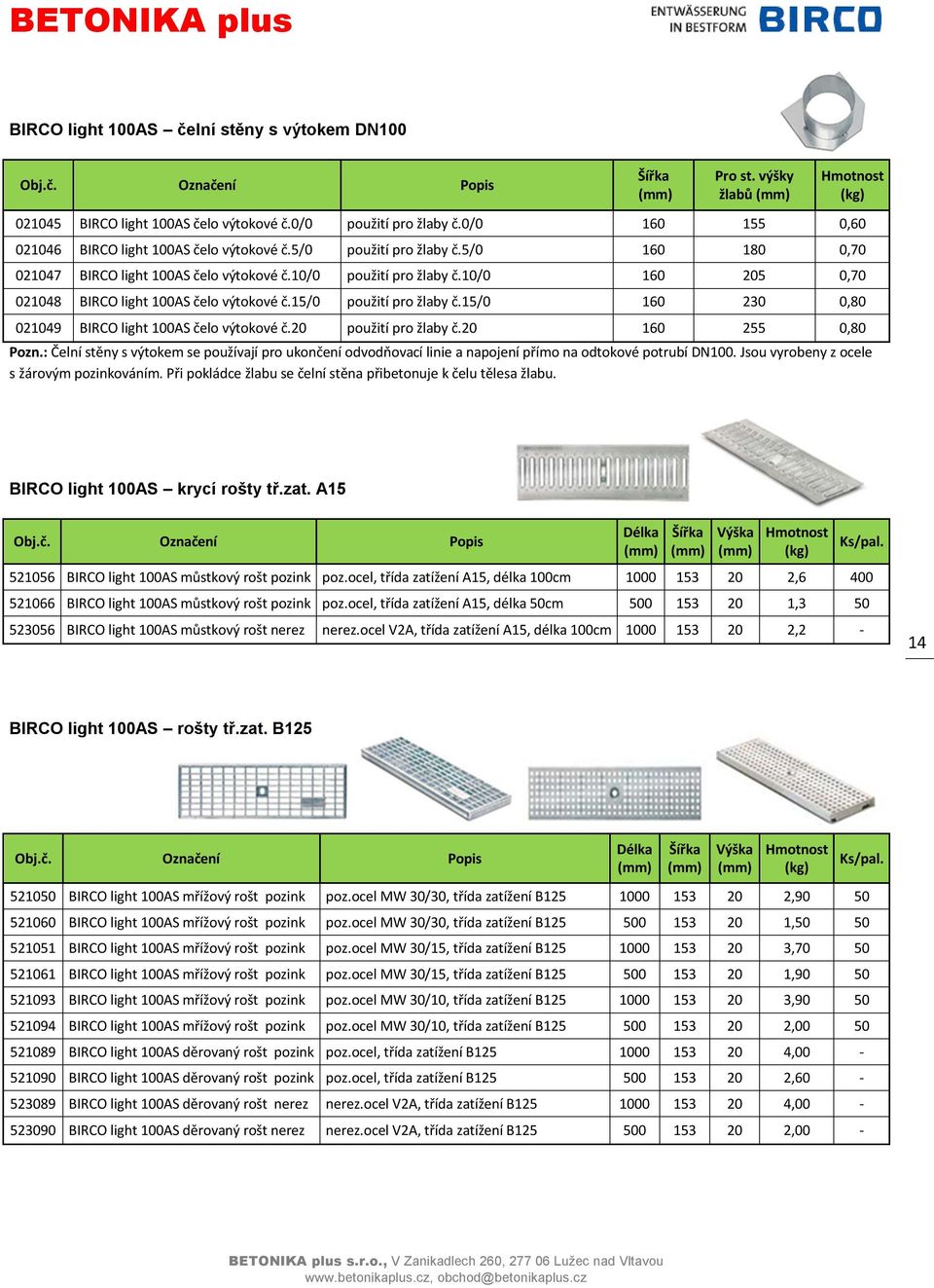 15/0 160 230 0,80 021049 BIRCO light 100AS čelo výtokové č.20 použití pro žlaby č.20 160 255 0,80 Pozn.