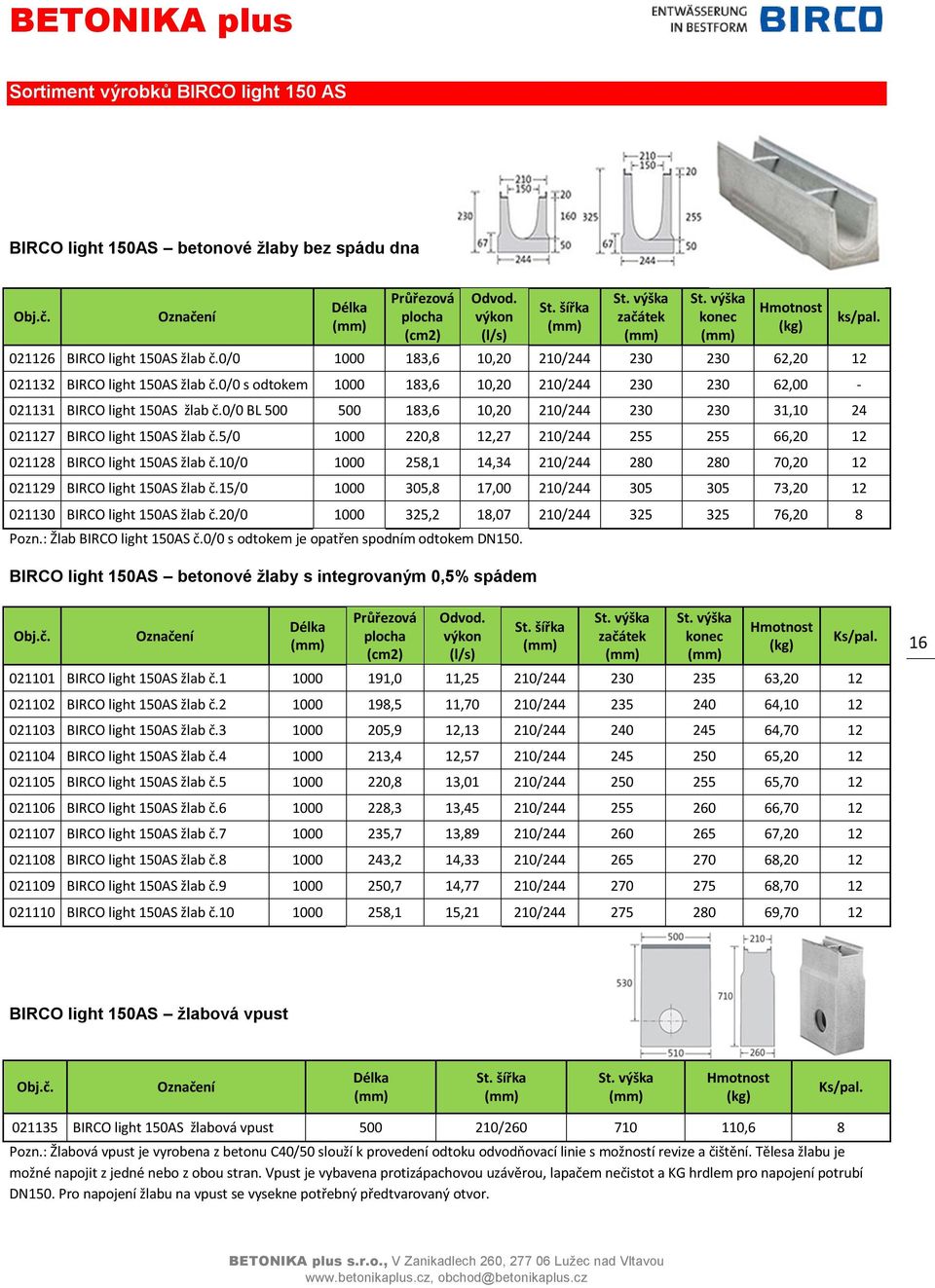 0/0 BL 500 500 183,6 10,20 210/244 230 230 31,10 24 021127 BIRCO light 150AS žlab č.5/0 1000 220,8 12,27 210/244 255 255 66,20 12 021128 BIRCO light 150AS žlab č.