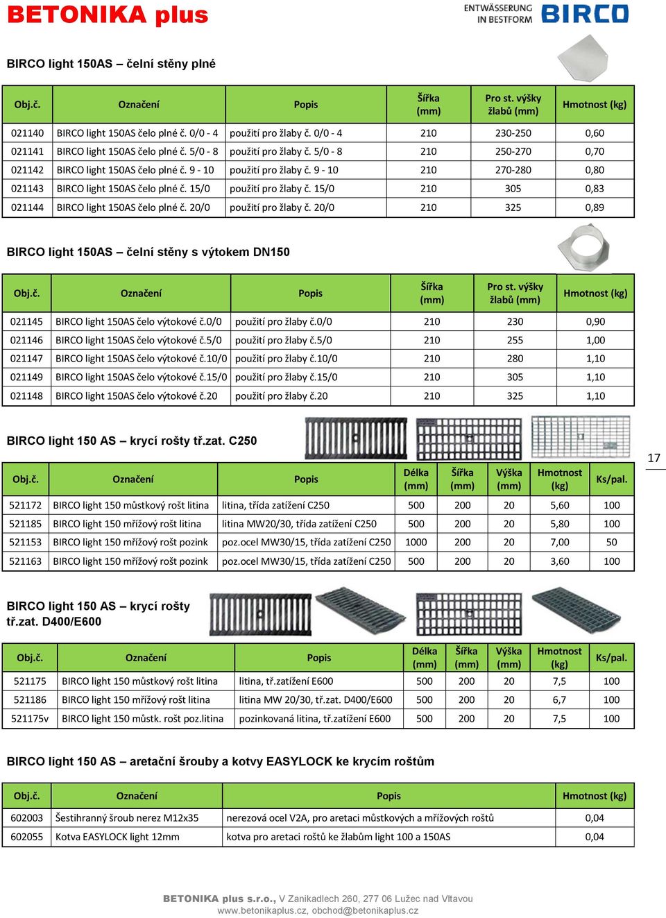 15/0 210 305 0,83 021144 BIRCO light 150AS čelo plné č. 20/0 použití pro žlaby č. 20/0 210 325 0,89 BIRCO light 150AS čelní stěny s výtokem DN150 Pro st.