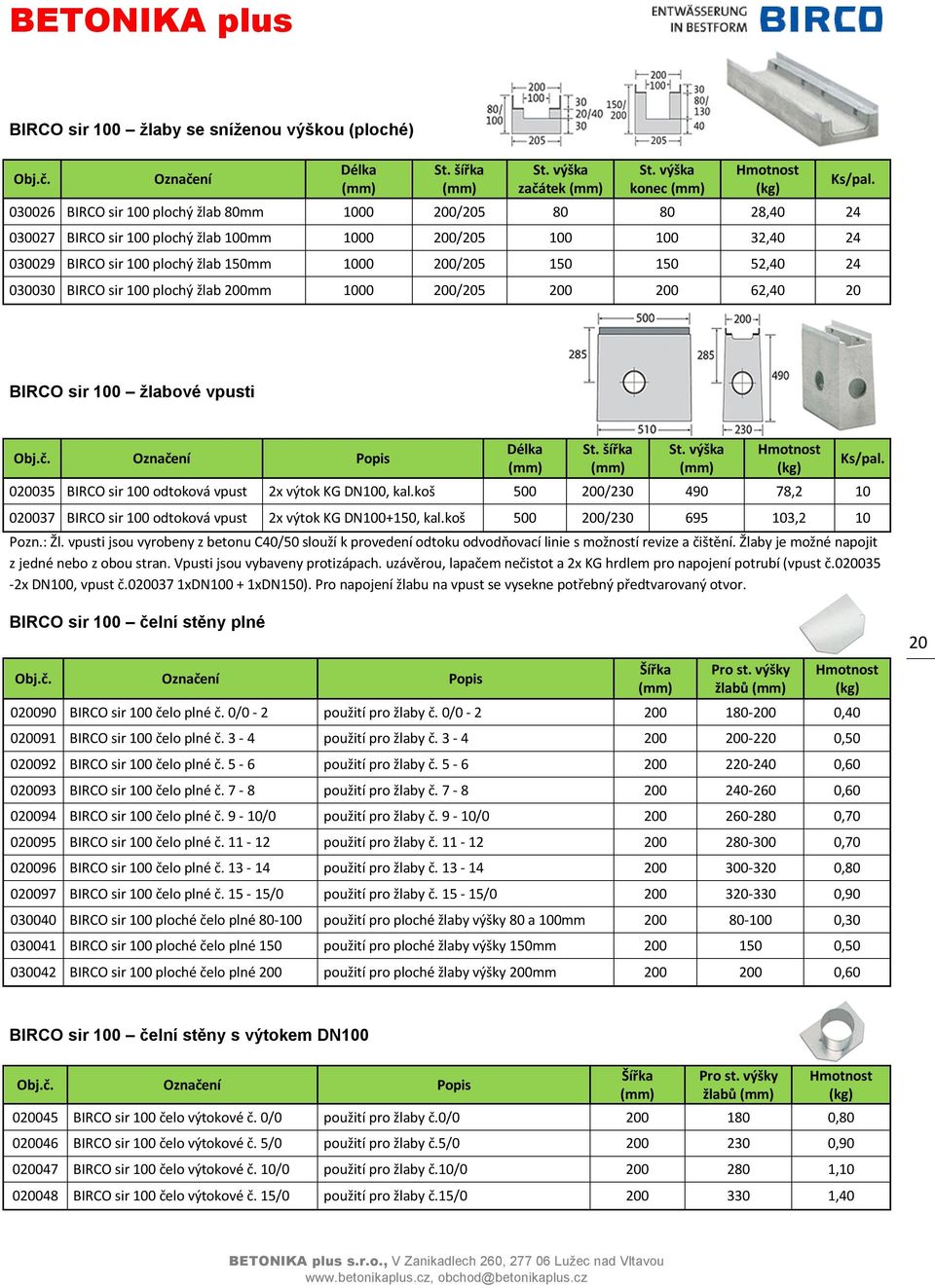 vpust 2x výtok KG DN100, kal.koš 500 200/230 490 78,2 10 020037 BIRCO sir 100 odtoková vpust 2x výtok KG DN100+150, kal.koš 500 200/230 695 103,2 10 Pozn.: Žl.