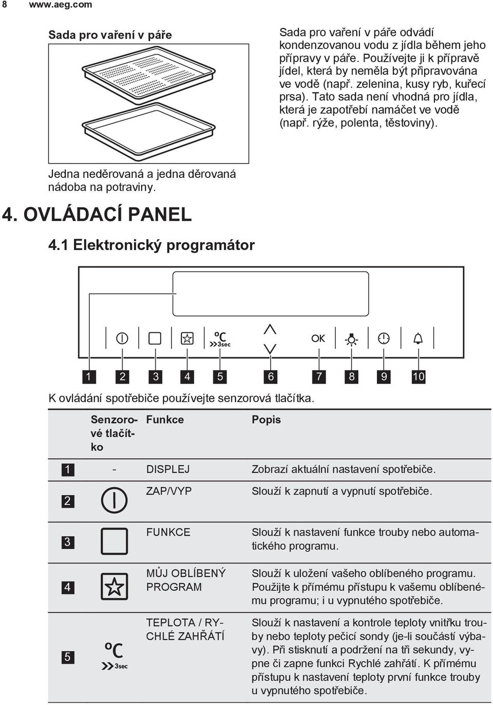 rýže, polenta, těstoviny). Jedna neděrovaná a jedna děrovaná nádoba na potraviny. 4. OVLÁDACÍ PANEL 4.