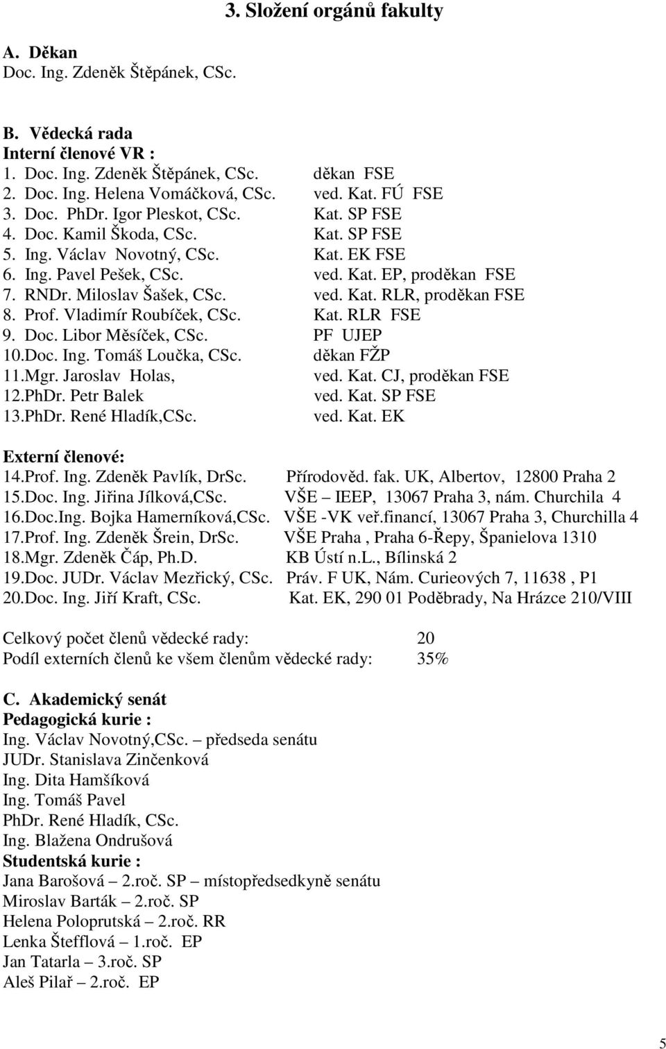 Miloslav Šašek, CSc. ved. Kat. RLR, proděkan FSE 8. Prof. Vladimír Roubíček, CSc. Kat. RLR FSE 9. Doc. Libor Měsíček, CSc. PF UJEP 10.Doc. Ing. Tomáš Loučka, CSc. děkan FŽP 11.Mgr.