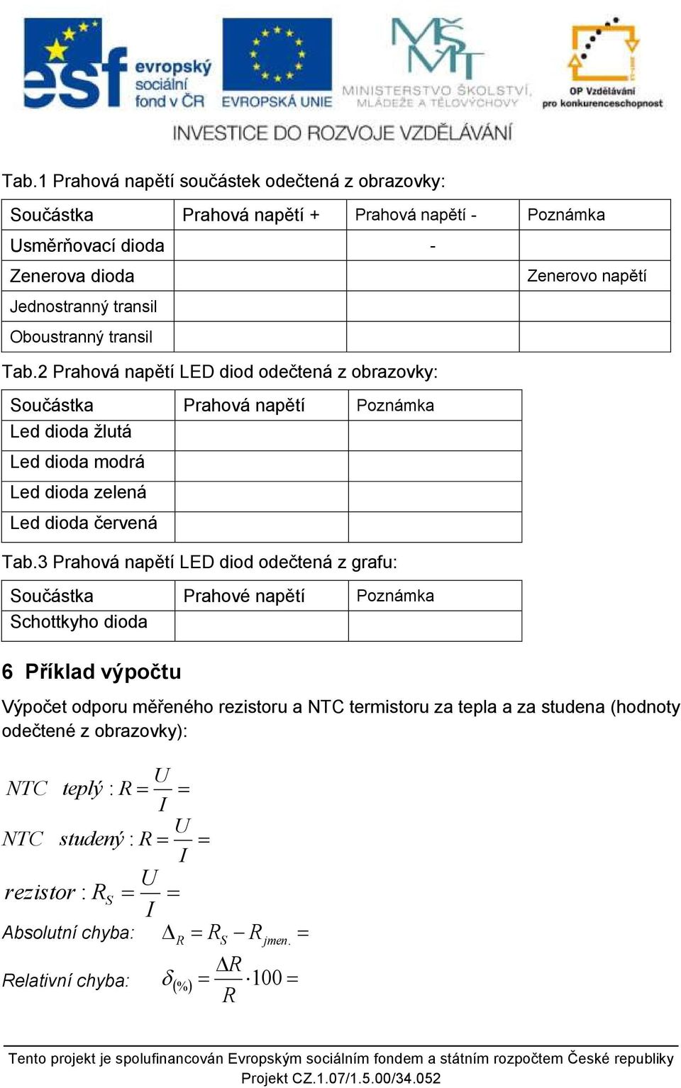 2 Prahová napětí LED diod odečtená z obrazovky: Součástka Prahová napětí Poznámka Led dioda žlutá Led dioda modrá Led dioda zelená Led dioda červená Tab.