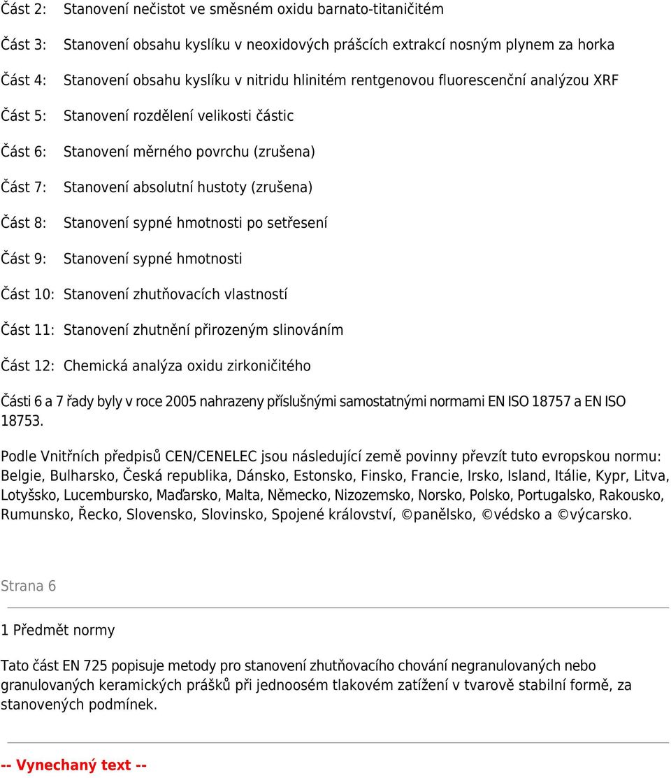 Stanovení sypné hmotnosti po setřesení Stanovení sypné hmotnosti Část 10: Stanovení zhutňovacích vlastností Část 11: Stanovení zhutnění přirozeným slinováním Část 12: Chemická analýza oxidu