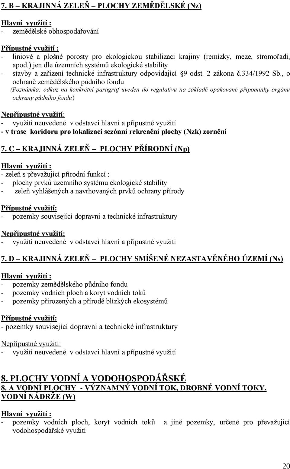 , o ochraně zemědělského půdního fondu (Poznámka: odkaz na konkrétní paragraf uveden do regulativu na základě opakované připomínky orgánu ochrany půdního fondu) - využití neuvedené v odstavci hlavní