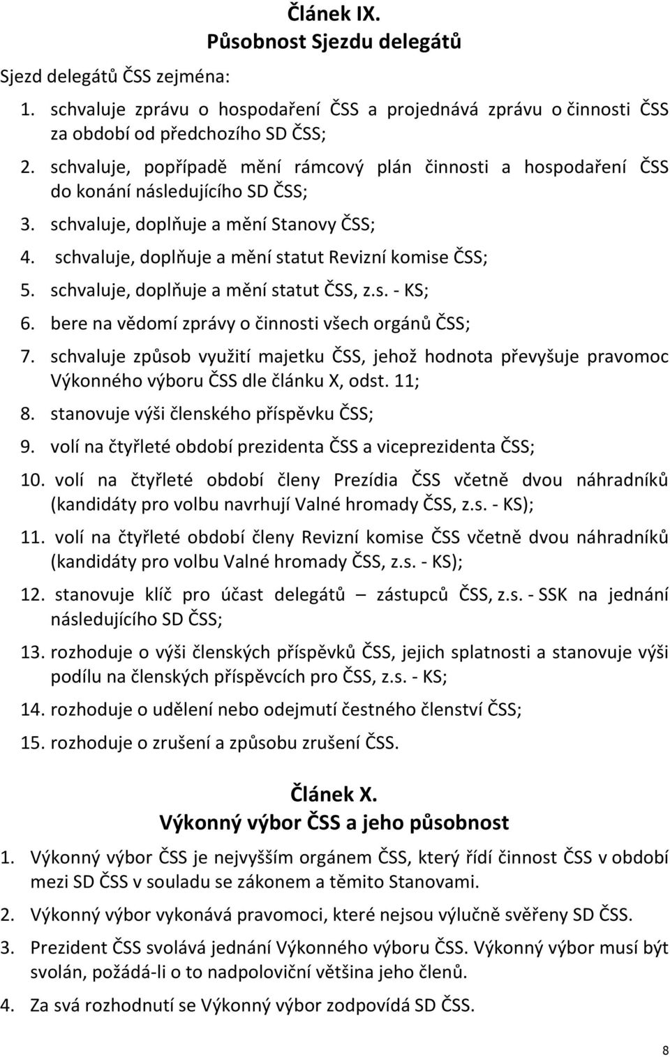 schvaluje, doplňuje a mění statut ČSS, z.s. - KS; 6. bere na vědomí zprávy o činnosti všech orgánů ČSS; 7.