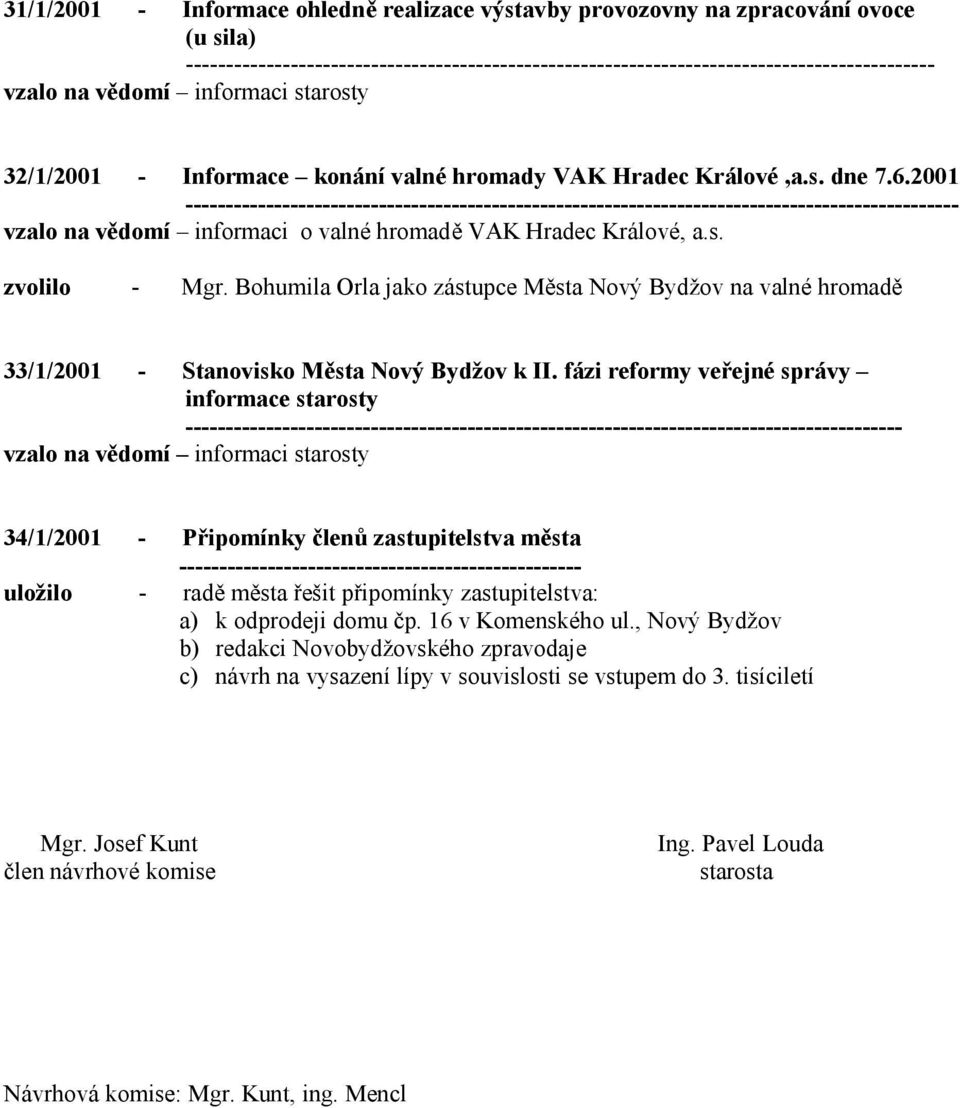 Bohumila Orla jako zástupce Města Nový Bydžov na valné hromadě 33/1/2001 - Stanovisko Města Nový Bydžov k II.