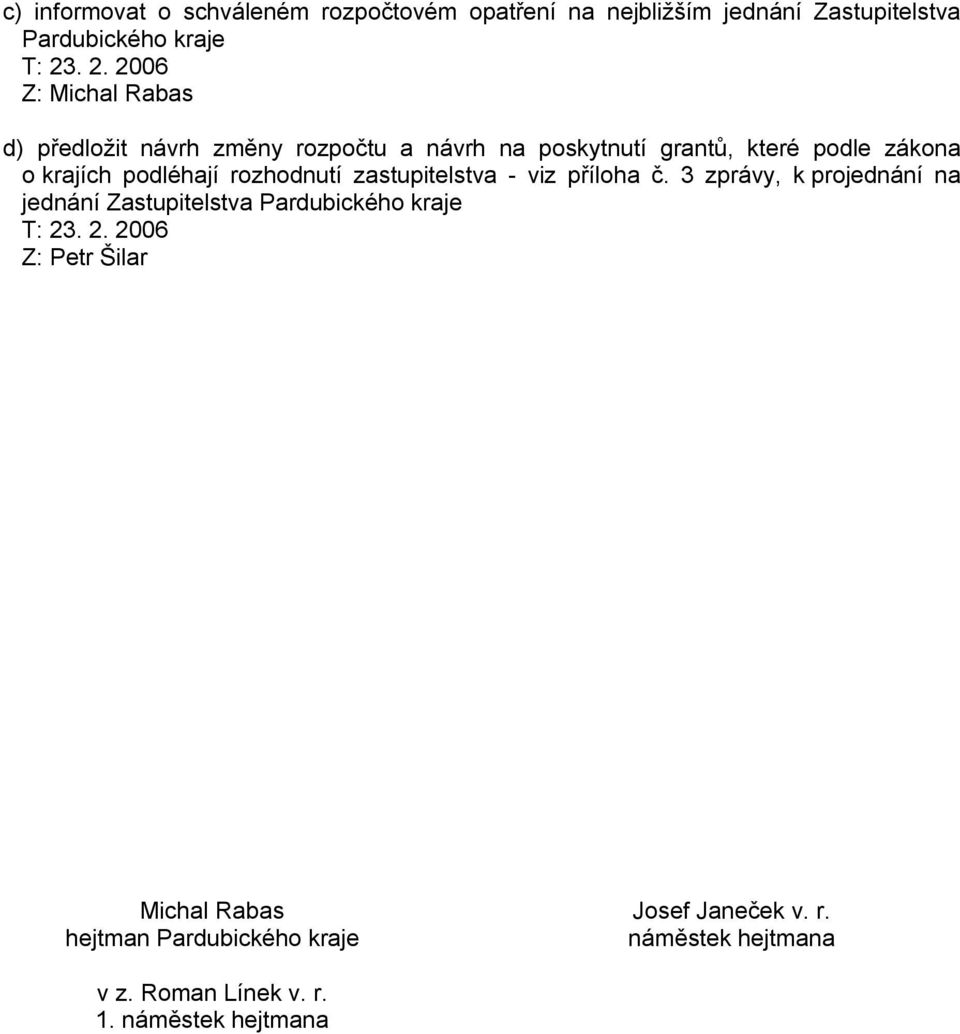 . 2. 2006 Z: Michal Rabas d) předložit návrh změny rozpočtu a návrh na poskytnutí grantů,