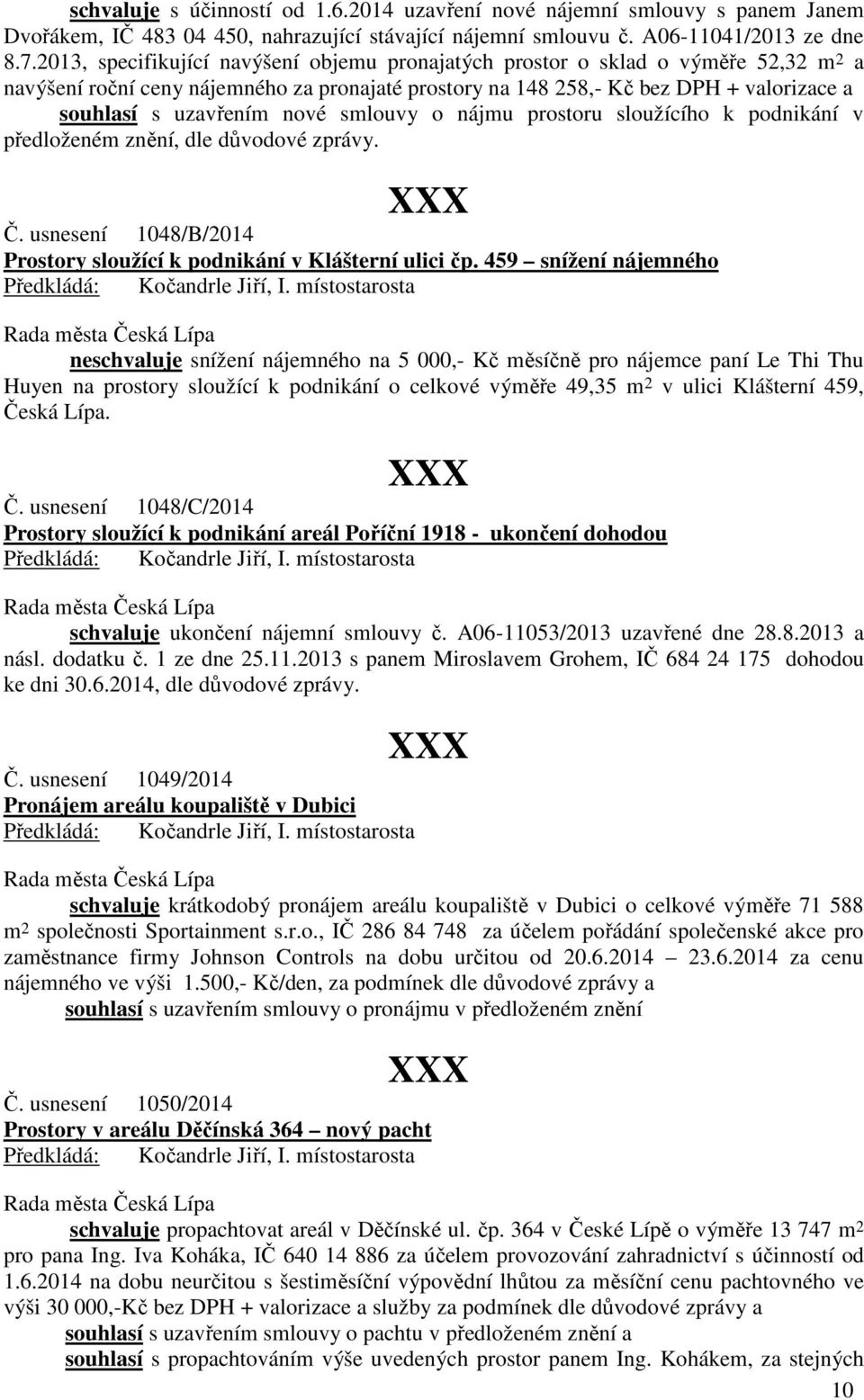 nové smlouvy o nájmu prostoru sloužícího k podnikání v předloženém znění, dle důvodové zprávy. Č. usnesení 1048/B/2014 Prostory sloužící k podnikání v Klášterní ulici čp.