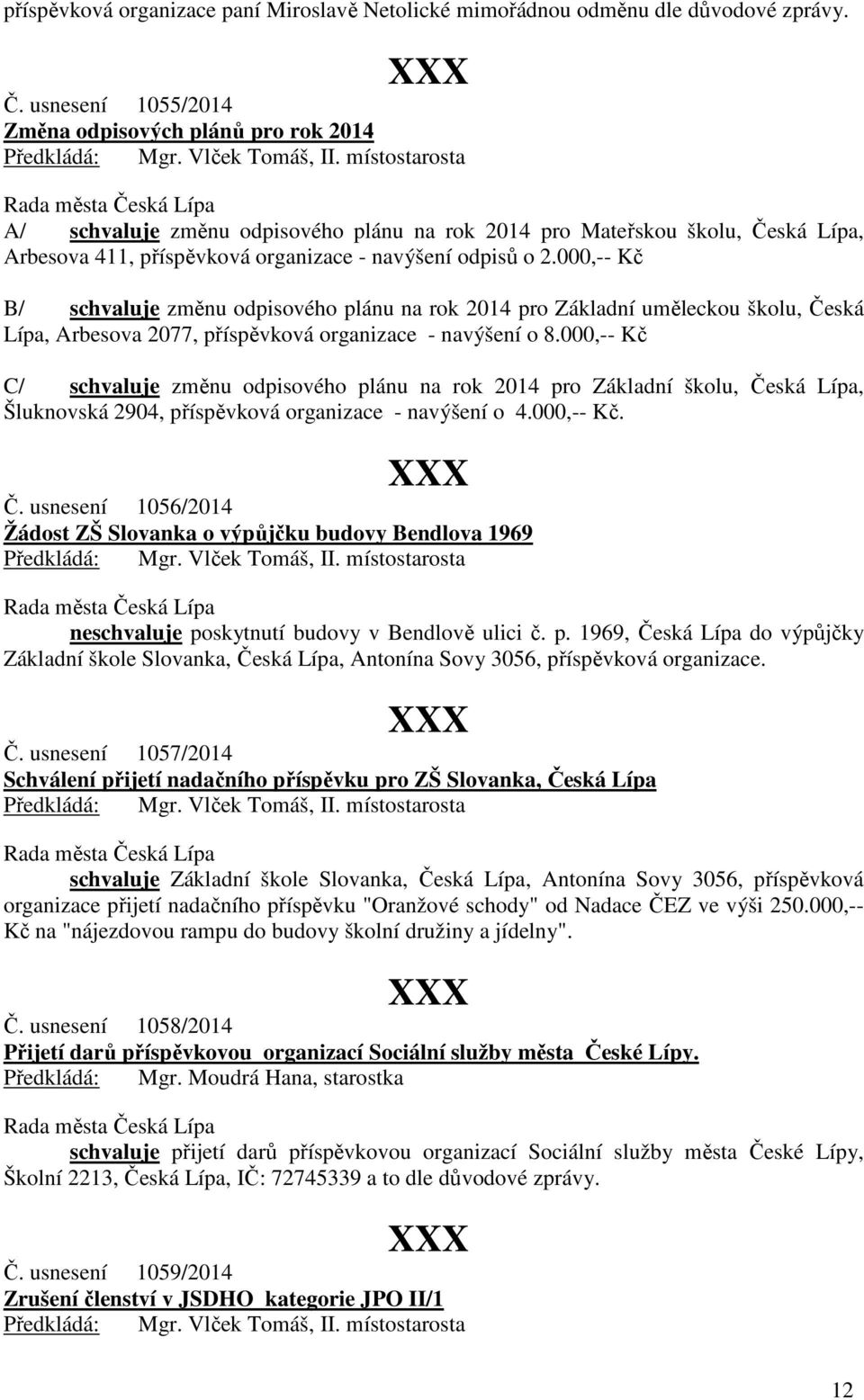 000,-- Kč B/ schvaluje změnu odpisového plánu na rok 2014 pro Základní uměleckou školu, Česká Lípa, Arbesova 2077, příspěvková organizace - navýšení o 8.