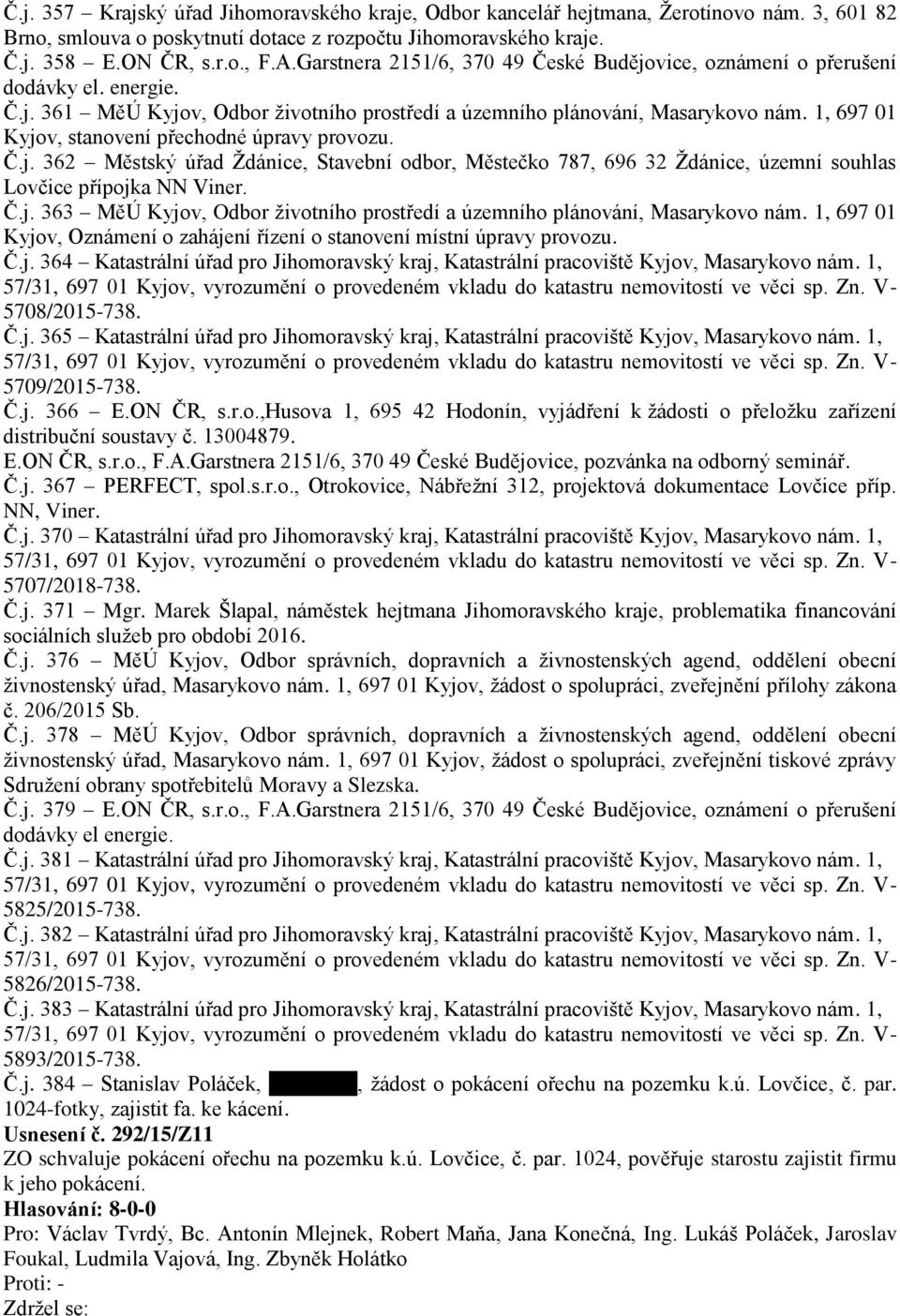 1, 697 01 Kyjov, stanovení přechodné úpravy provozu. Č.j. 362 Městský úřad Ždánice, Stavební odbor, Městečko 787, 696 32 Ždánice, územní souhlas Lovčice přípojka NN Viner. Č.j. 363 MěÚ Kyjov, Odbor životního prostředí a územního plánování, Masarykovo nám.