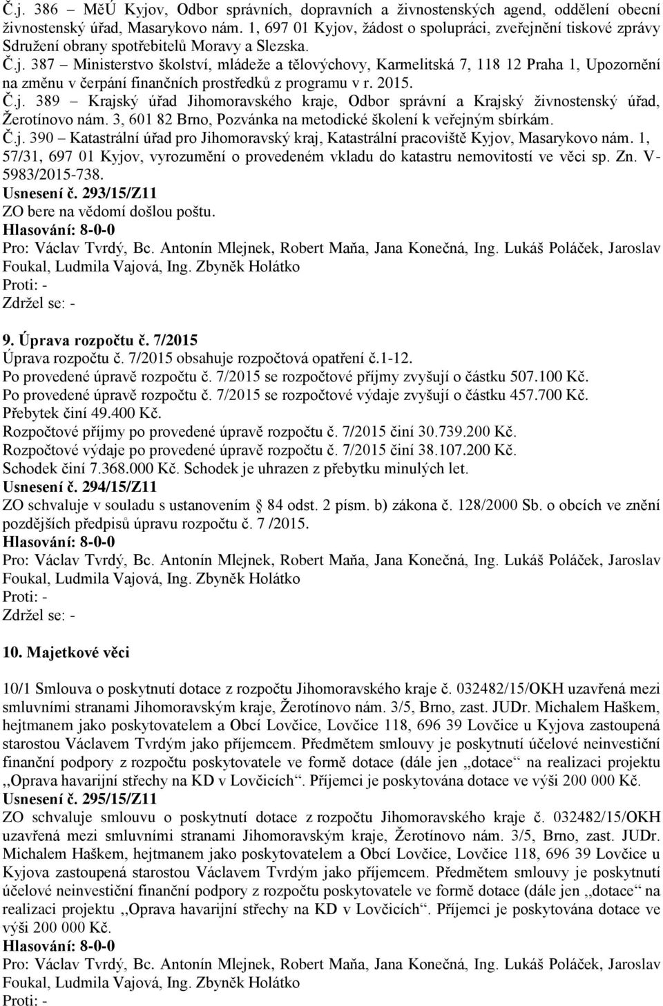 2015. Č.j. 389 Krajský úřad Jihomoravského kraje, Odbor správní a Krajský živnostenský úřad, Žerotínovo nám. 3, 601 82 Brno, Pozvánka na metodické školení k veřejným sbírkám. Č.j. 390 Katastrální úřad pro Jihomoravský kraj, Katastrální pracoviště Kyjov, Masarykovo nám.