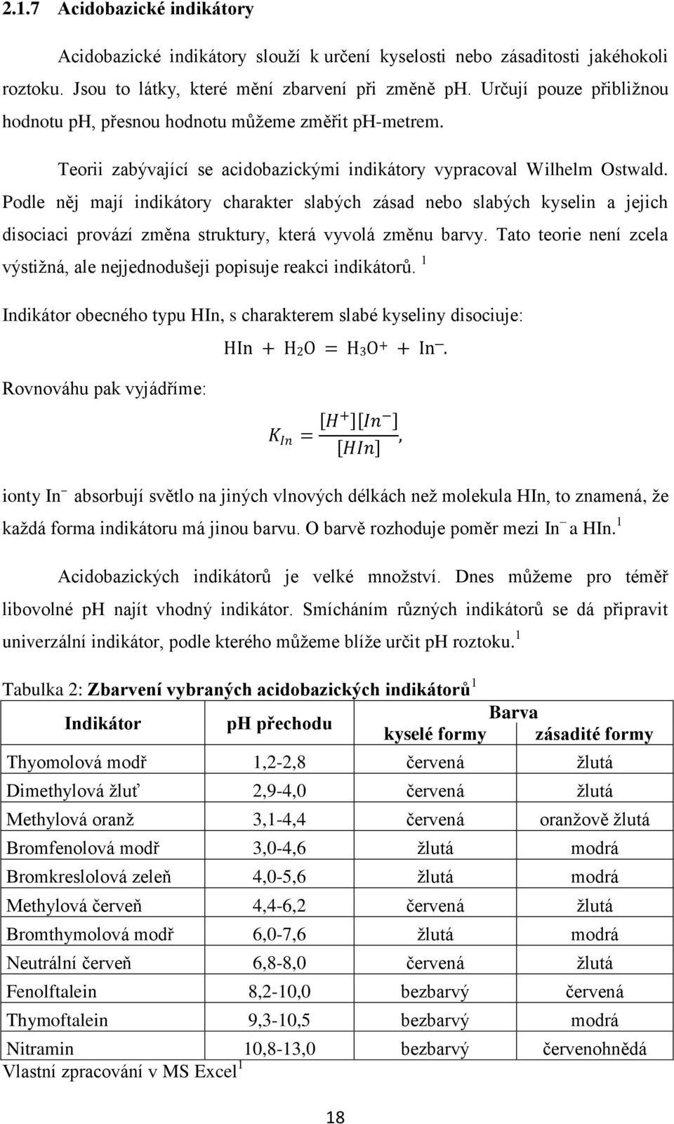 Podle něj mají indikátory charakter slabých zásad nebo slabých kyselin a jejich disociaci provází změna struktury, která vyvolá změnu barvy.