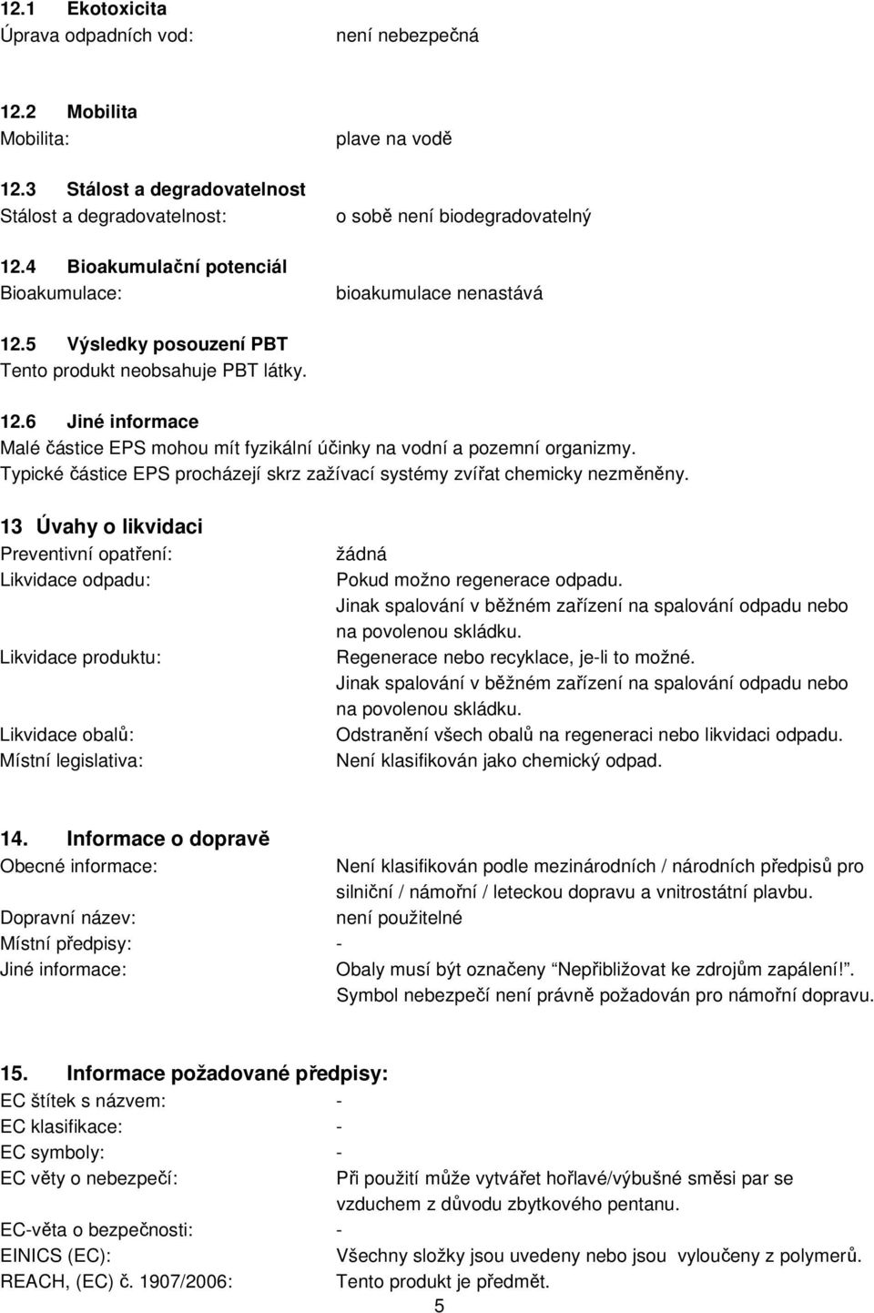 Typické částice EPS procházejí skrz zažívací systémy zvířat chemicky nezměněny.