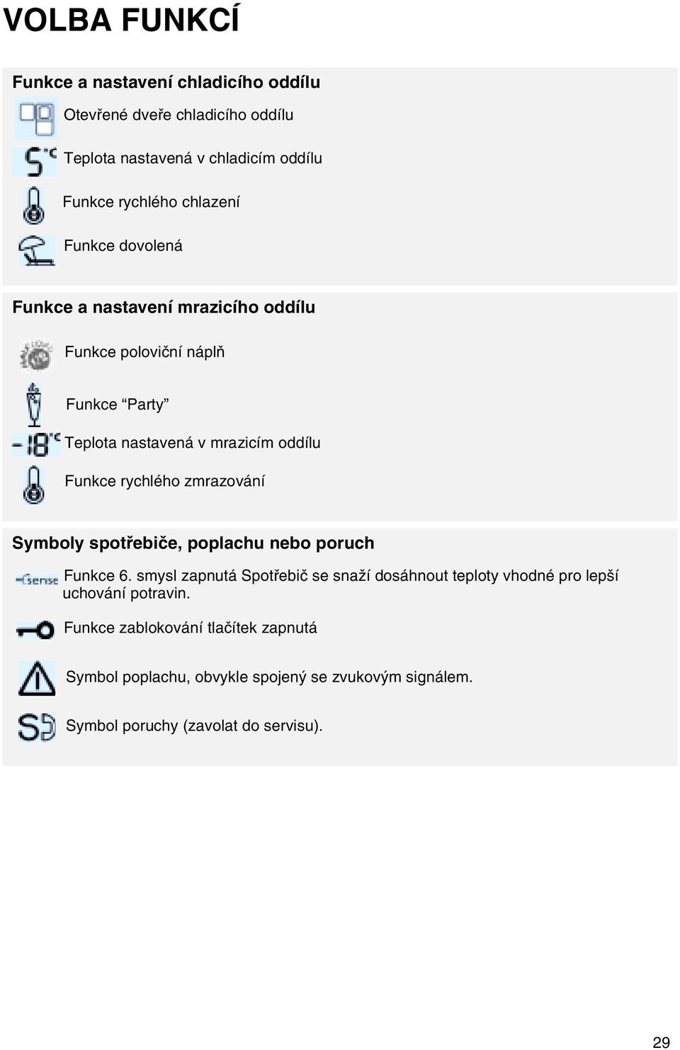 rychlého zmrazování Symboly spotøebièe, poplachu nebo poruch unkce 6.
