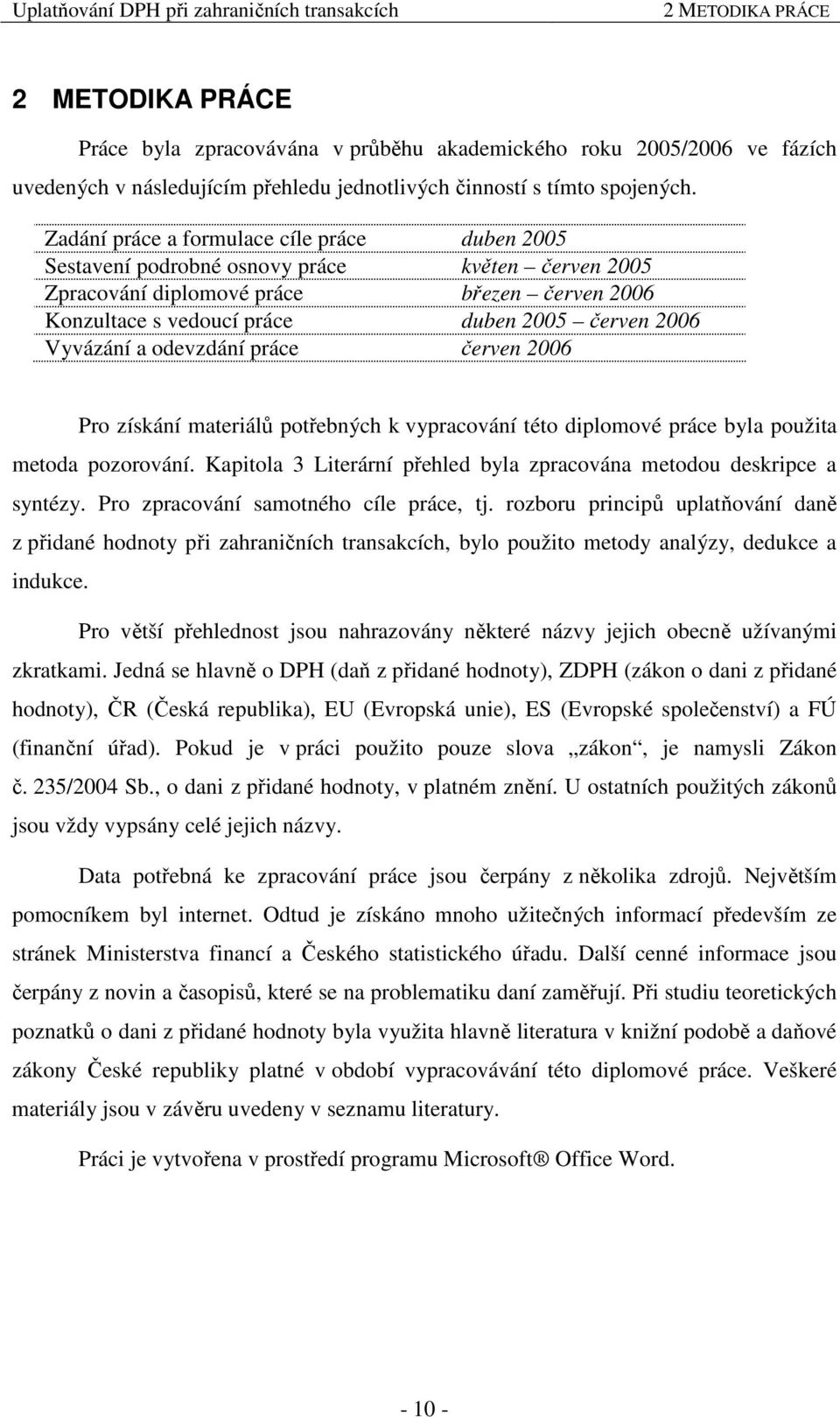 Vyvázání a odevzdání práce červen 2006 Pro získání materiálů potřebných k vypracování této diplomové práce byla použita metoda pozorování.