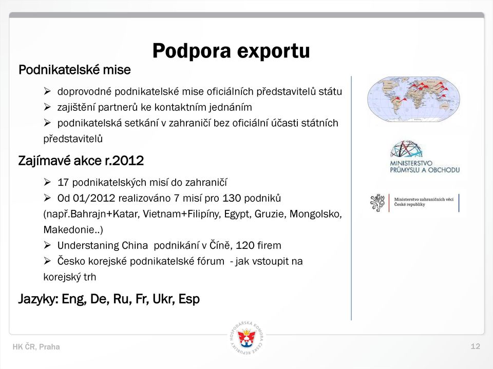 2012 17 podnikatelských misí do zahraničí Od 01/2012 realizováno 7 misí pro 130 podniků (např.