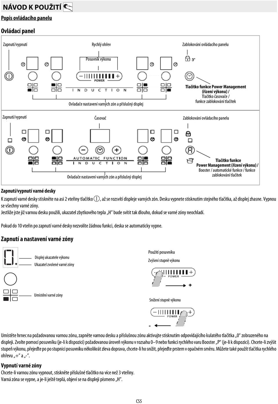 Tlačítko časovače / funkce zablokování tlačítek Control Zablokování panel ovládacího lock panelu Ovladače Cooking nastavení zone controls varných and corresponding zón a příslušný display displej