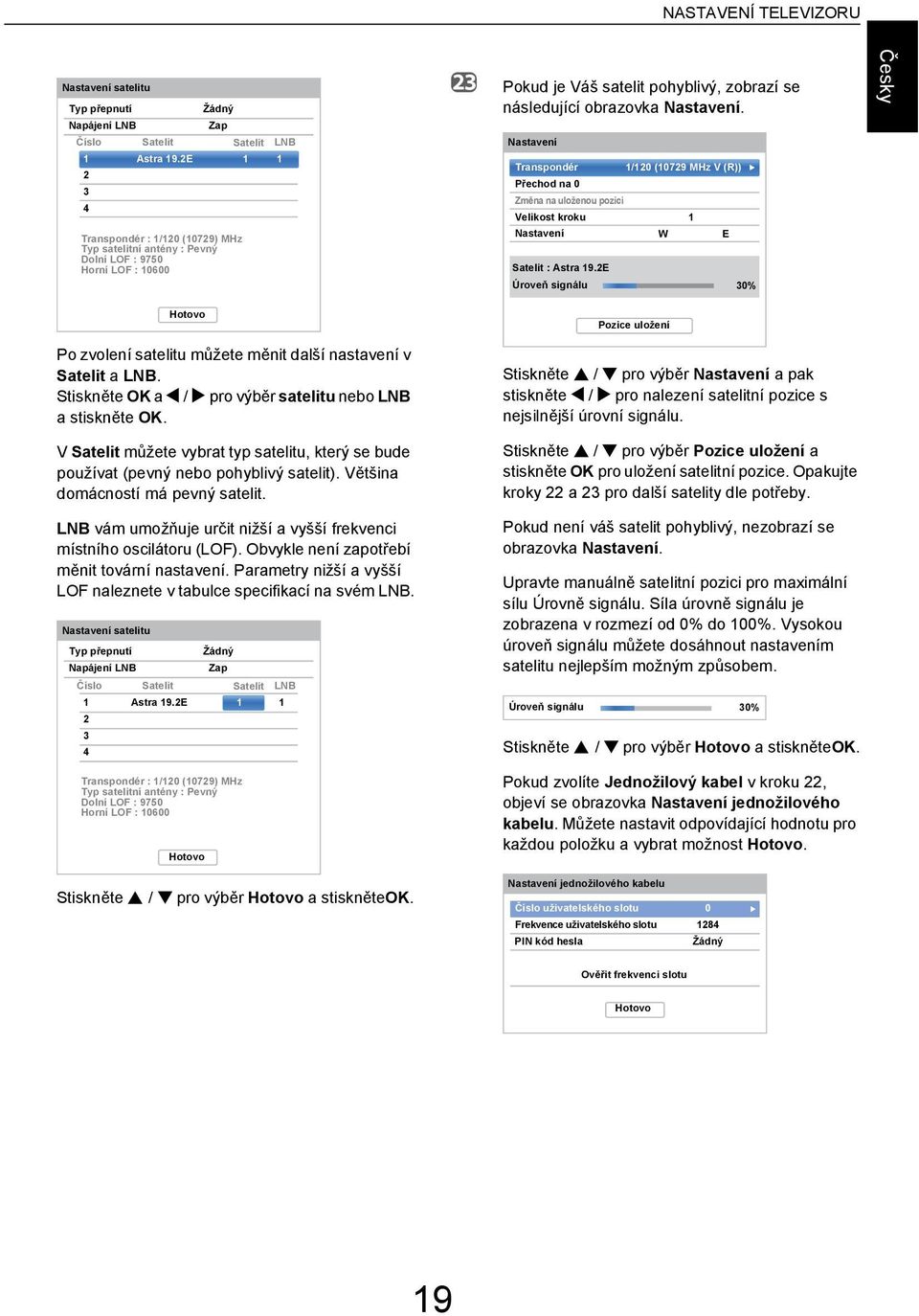 Nstvení Trnsponér 1/120 (10729 MHz V (R)) Přeho n 0 Změn n uloženou pozii Velikost kroku 1 Nstvení W E Stelit : Astr 19.