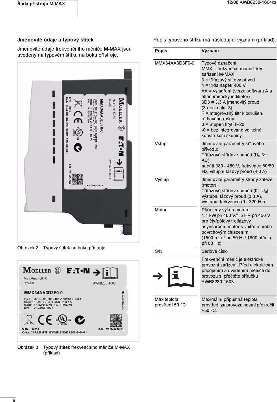 zařízení M-MAX 3 = třífázový sí ový přívod 4 = třída napětí 4 V AA = vyjádření (verze softwaru A a alfanumerický indikátor) 3D3 = 3,3 A jmenovitý proud (3-decimalní-3) F = Integrovaný filtr k